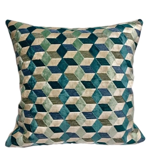 Shades of Green, Aqua, Teal and Blue Geometric Velvet  Pillow Cover - Fabricut Fabric - Chenille Pillow Cover - Modern Texture Green Pillow