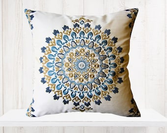 Slate Blue, Gray, Tan Embroidered Medallion Custom Pillow Cover Kravet Fabric- Kravet 30183 Pillow - Designer Fabric - Blue Embroidery