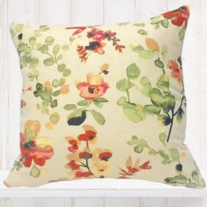 Green, Orange, and Yellow Watercolor Flowers Decorative Pillow Cover - Vern Yip Fabric- Designer Pillow- Orange  Floral - Farmhouse Deco