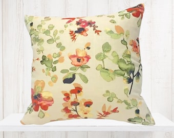 Green, Orange, and Yellow Watercolor Flowers Decorative Pillow Cover - Vern Yip Fabric- Designer Pillow- Orange  Floral - Farmhouse Deco