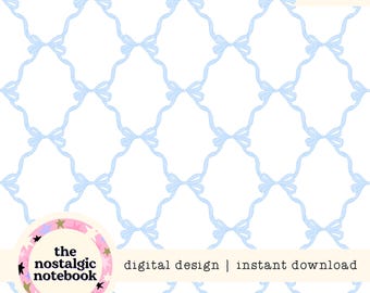 Blue Bow Love Shack Fancy Aesthetic Seamless Pattern Transparent PNG Digital Paper Vinyl Fabric Surface Design Baby Shower Bow Ribbon File