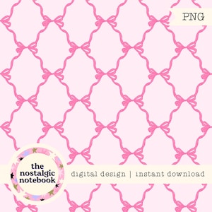 Könnte beinhalten: Ein digitales Design mit einem sich wiederholenden Muster aus rosa Schleifen auf einem hellrosa Hintergrund. Das Design enthält den Text "digital design | instant download" und das Logo von "the nostalgic notebook".
