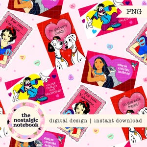 Puede incluir: Un diseño digital rosa con tarjetas de San Valentín con personajes de Disney. Las tarjetas tienen marcos en forma de corazón y rectangulares con texto como "Para ti, Valentine..." y "¡Me alegro de que seamos amigos!"