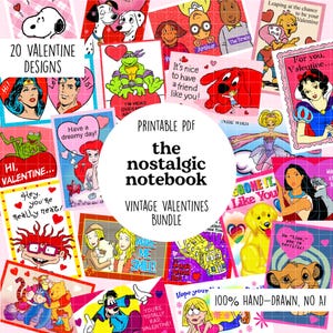 May include: A bundle of 20 vintage Valentine's Day card designs, featuring cartoon characters and phrases. The cards are hand-drawn and include characters like Snoopy, Ariel, and the Teenage Mutant Ninja Turtles. The text includes "Hi, Valentine" and "Have a dreamy day!"