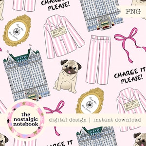 May include: A digital design featuring a repeating pattern of pink and white striped pajamas, a pug, hotel buildings, and decorative elements. The design includes the text "CHARGE IT PLEASE!" and "DO NOT DISTURB".