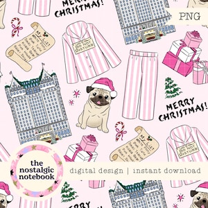 May include: A digital design featuring a repeating pattern of pink and white striped pajamas, a pug wearing a Santa hat, wrapped gifts, and architectural illustrations. The text includes "Merry Christmas!" and "Do Not Disturb."