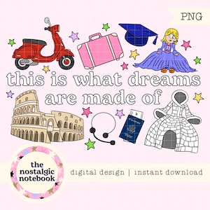 Op de afbeelding: Digitaal ontwerp op roze achtergrond met een rode scooter, roze koffer, Colosseum, afstudeerhoed, paspoort, iglo en een cartoonvrouw in een paarse jurk. Tekst luidt "this is what dreams are made of."