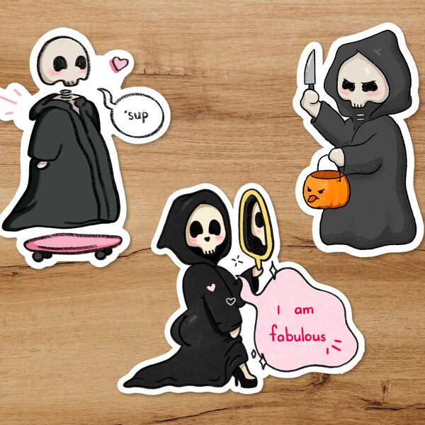 Halloween Sticker Set | Waterproof Stickers | Goth Sticker Kawaii Grim Reaper Cute Chibi Art, Self Love Grim Reaper Angel of Death Sticker