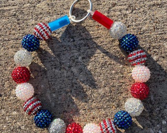 Beaded dog collar rhinestone July 4th red white blue fur baby jewelry pet necklace bubblegum candy beads bracelet USA American flag striped