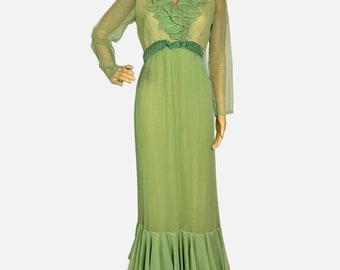 Vintage Miss Elliot menta verde volantes vestido de gasa 1950s tamaño 10 (pequeño)