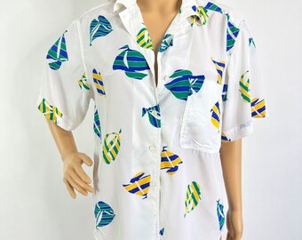 Vintage Christian Dior Blouse Retro 80s Summer Sailboat Vacation Shirt Unisex Sz 8