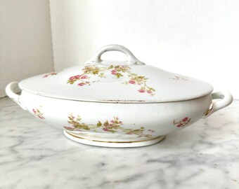 Vintage Victoria Austria Sirviendo Bowl 10" Ovalado Cubierto Fina China Flores Rosas y Blancas, Hojas Verdes