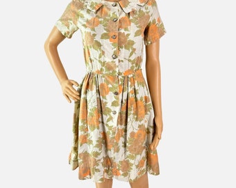 Vintage 1950s Cotton Sundress Floral Orange, Green, and Beige Rockabilly Dress