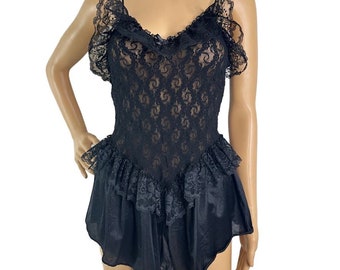 Vintage 1980'S Andrea Kristoff para Escante Lencería Negro Encaje Volantes Tamaño S