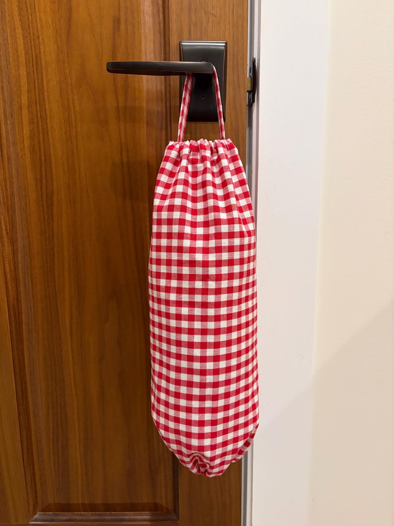 Handmade Grocery Bag Holder | Plastic Bag Dispenser | Kitchen Storage | Pantry Organizer 20 Red Gingham