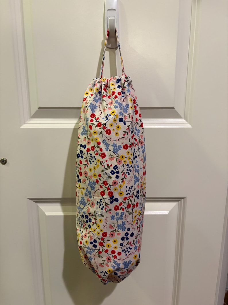 Handmade Grocery Bag Holder | Plastic Bag Dispenser | Kitchen Storage | Pantry Organizer 4 White Multi Floral