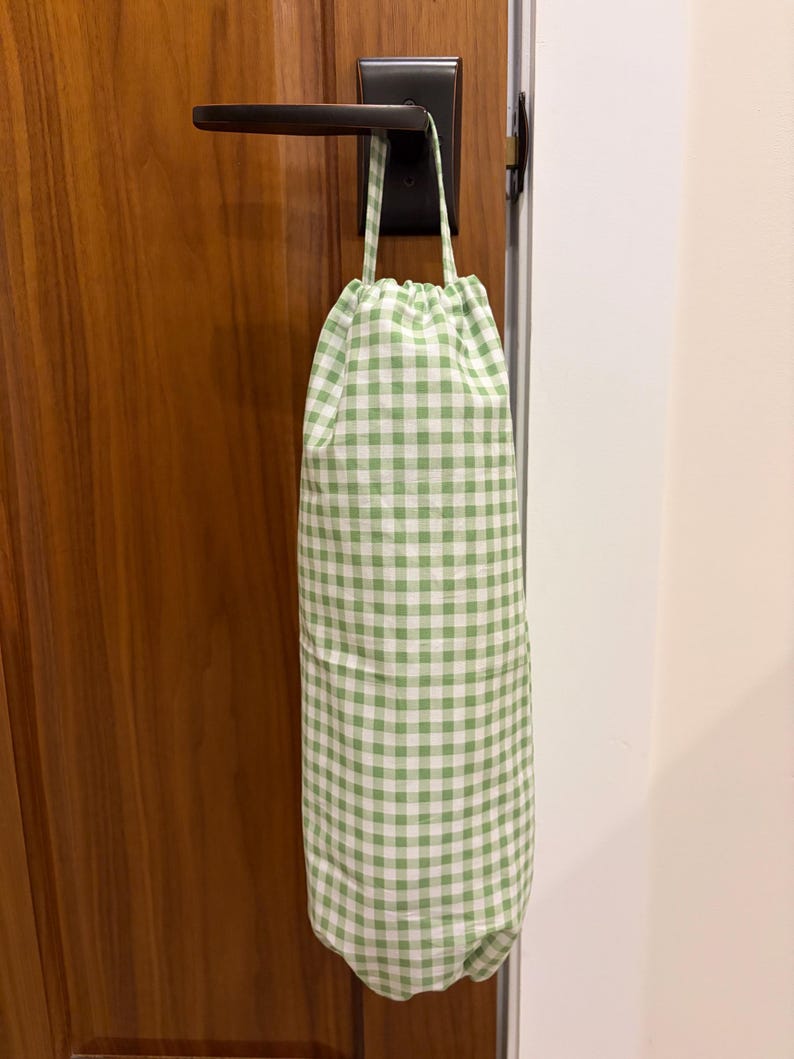Handmade Grocery Bag Holder | Plastic Bag Dispenser | Kitchen Storage | Pantry Organizer 24 Green Gingham