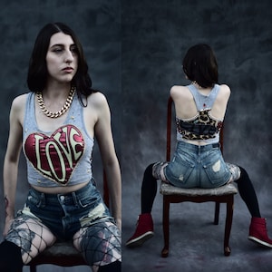 Love/Live Crop-Top- Swarovski crystal, Chains, Hand-sewn detailing