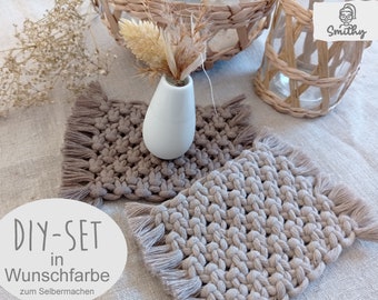 Makramee, 2 Coaster, DIY Kit, freie Farbwahl, Untersetzer, eckig, Boho, Material und Anleitung