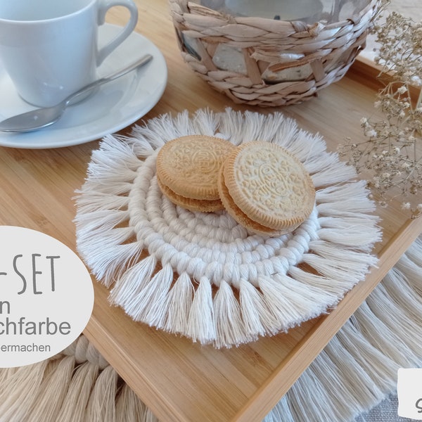 Makramee, 2 Coaster rund, DIY Kit, freie Farbwahl, Untersetzer, Boho, Material und Anleitung