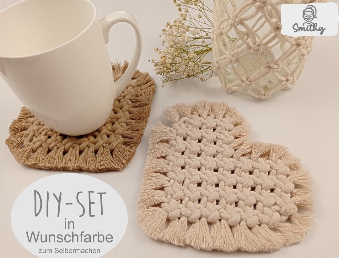 Makramee Coaster Herz, Untersetzer, DIY Kit, freie Farbwahl, Heart ...