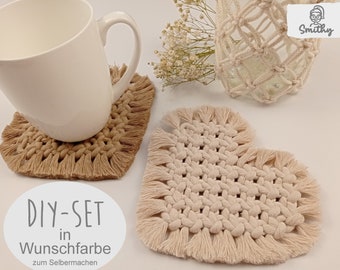 Makramee Coaster Herz, Untersetzer, DIY Kit, freie Farbwahl, Heart, Boho, Material und Anleitung