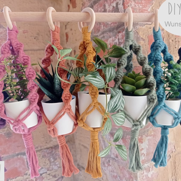 Mini Blumenampel, DIY Kit, freie Farbwahl, Makramee,  opt. mit künstlicher Pflanze, Rückspiegel Anhänger, Boho, Material und Anleitung