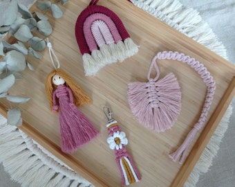 Makramee Kinder Einsteiger Set, DIY Kit, 3 Farbkombis, Boho, Material + Anleitung, Geschenk, Rosa, Türkis, Grün