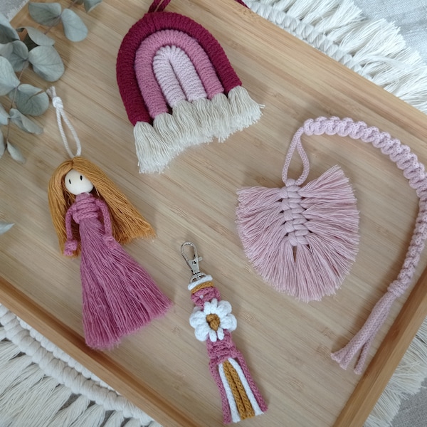 Makramee Kinder Einsteiger Set, DIY Kit, 3 Farbkombis, Boho, Material + Anleitung, Geschenk, Rosa, Türkis, Grün