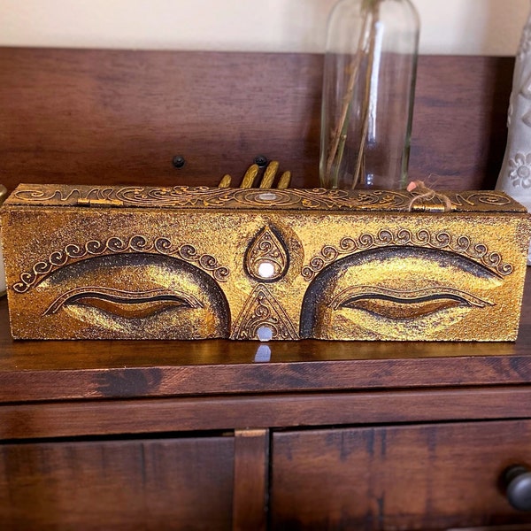 Golden Buddha Wood Box: Sacred Storage