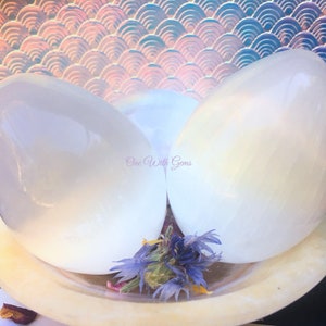 May include: Two white selenite eggs on a white dish with a purple flower. The eggs are smooth and have a slight iridescent sheen. "One With Gems" is written in white text on a black background.