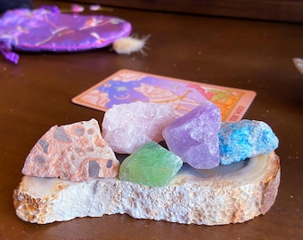 Raw Healing Crystals Set | Self-Love, Apatite, Leopardite Jasper, Amethyst, Green Calcite, Rose Quartz
