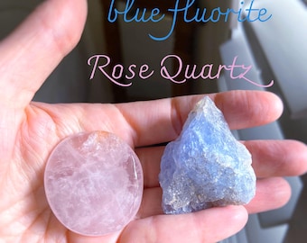 Self-Love Crystal Set: Raw Blue Fluorite Crystal And Rose Quartz Stone, Exact Ones