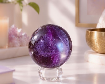 Purple Fluorite Sphere with Flower Patterns & Rainbow Flashes, Exact One, Crystal Orb