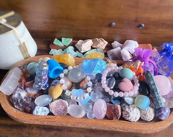 Assorted Crystal Lot, Gemstone Hearts, Bracelets, Candles, Figurines, Mystery Bag