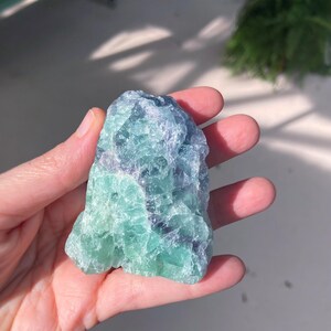 May include: A raw, natural fluorite crystal in shades of green and blue. The stone is held in a hand, showcasing its rough, textured surface and natural variations. The crystal's colors blend together, creating a visually appealing mineral specimen.