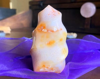 Carnelian in Quartz Flame: Sacral Chakra Healing Crystal Tower, Exact One, 2.75"