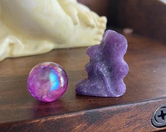Heart Chakra Healing Crystal Trio Set, Lepidolite Fairy, Opalite Heart, Angel Aura Quartz Sphere