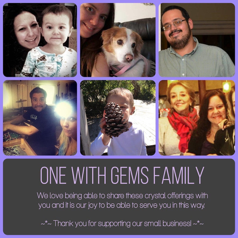 May include: A collage of family photos with a purple border. The text "ONE WITH GEMS FAMILY" is displayed, along with a message of appreciation. The image includes photos of people and a dog.