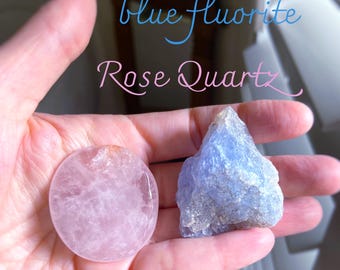 Raw Blue Fluorite Crystal And Rose Quartz Stone Healing Crystal Set