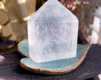 Clear Calcite Tower With Rainbow Flashes:  Extra Wide, Healing Crystal Obelisk, Crown Chakra, Exact One