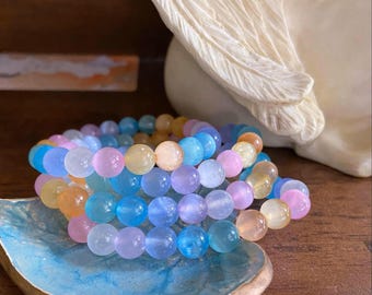 Pulsera de selenita colorida, selenita caramelo, joyería de cristal para la sanación del chakra corona, elegida intuitivamente.