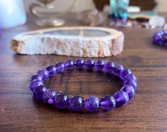 Pulsera de cuentas de amatista oscura, joyería de cristal, cuentas de piedras preciosas, claridad, hecha a mano