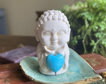 Buddha Statue With Turquoise Heart, Altar Decor, Praying Figurine, Baby Buddha, Intuitively Chosen