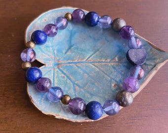 Indigo Angel Aura Quartz, Amethyst And Blue Goldstone Bracelet,  Crystal Jewelry, Gift For Her, Gemstone Heart