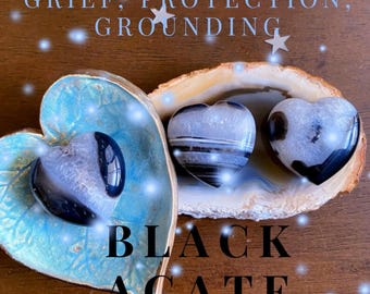 Black Agate In Quartz Heart,  Gemstone Carving, Protection, Grounding, Intuitively Chosen