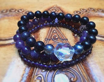 Angel Aura Quartz, Aqua Aura & Blue Goldstone Bracelet, Healing Crystal Jewelry, Calming Clarity, Celestial Energy, Third Eye Chakra