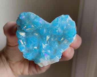 Raw Aqua Aura Cluster Heart, Healing Crystal Carving, Exact One