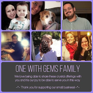 Pu&ograve; includere: Un collage di sei foto con un bordo viola, con persone e un cane. Il testo "ONE WITH GEMS FAMILY" &egrave; in basso, insieme a un messaggio di ringraziamento per il supporto alla loro piccola impresa.