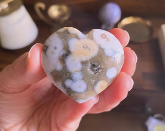 Ocean Jasper Heart With Sparkly Druzy: Healing Crystal Carving, Solar Plexus